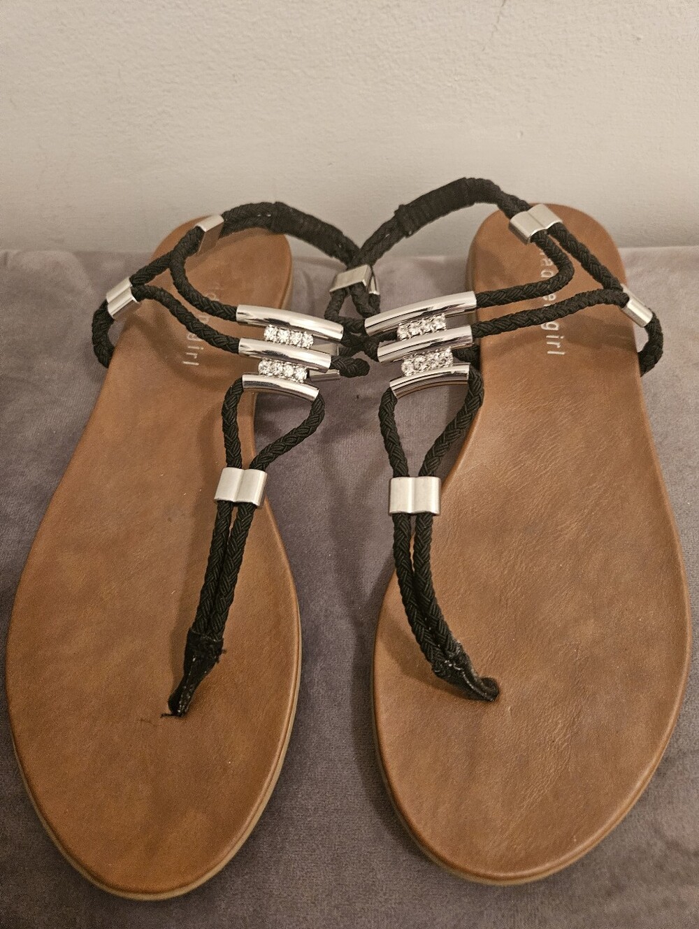 Madden Girl Black Braided T-Strap Sandals with Silver Accents